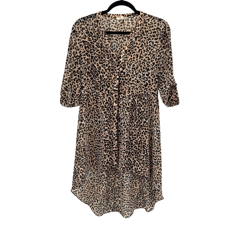 Leopard sheer high low Dress S Tan Brown Animal Print Y2K Mob Wife Going Out